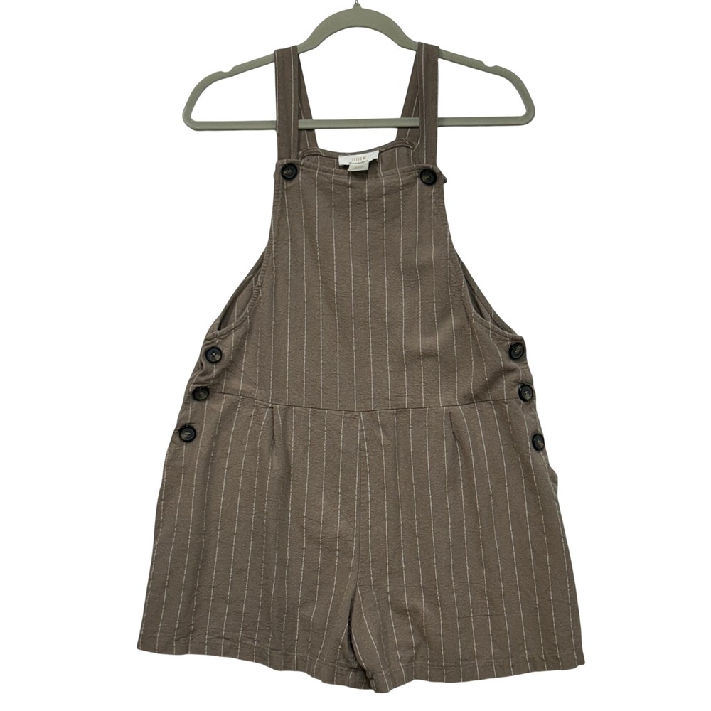 Urban Romantics Womens Taupe Pinstripe Linen Blend Shortall Romper Size L - Picture 1 of 11